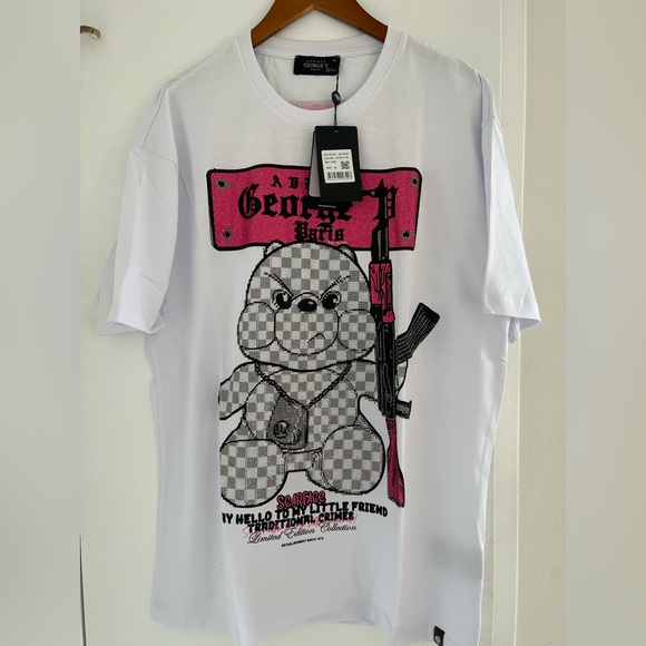 Avenue George V Paris T-Shirt Men's White Shirt Teddy Bear Rhinestone  XL 2XL - Picture 1 of 13